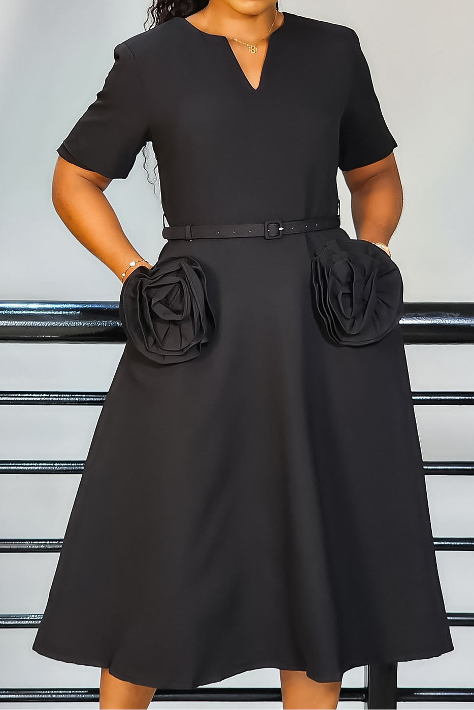 V-Neck Short Sleeve with 3D Floral A-Line Dress