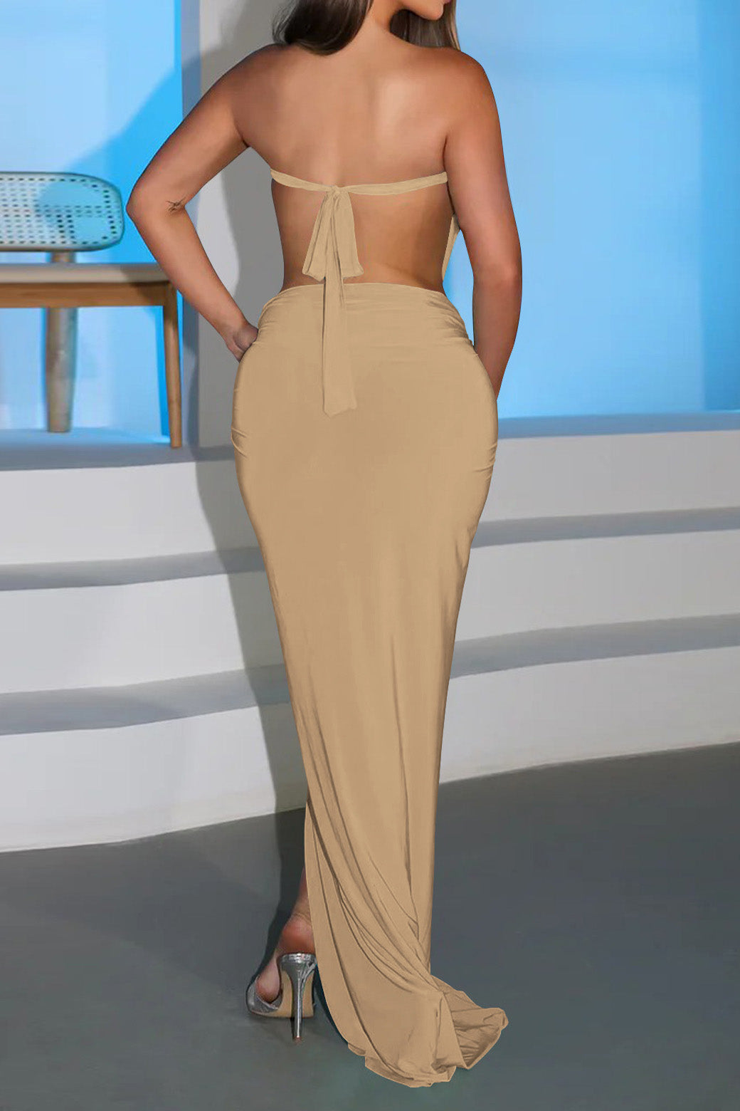 Cutout Ruched High Slit Maxi Dress