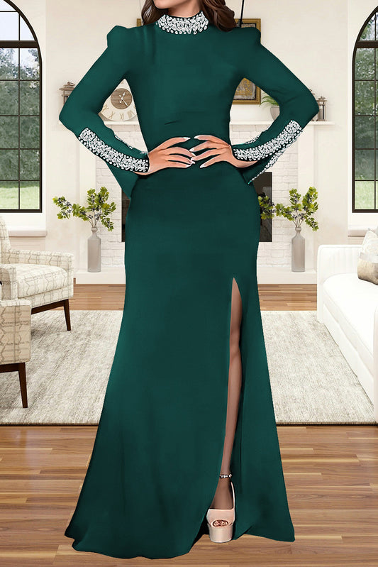 Long Sleeve Rhinestone Turtleneck Maxi Dress