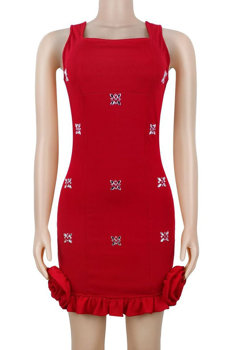 Rhinestone 3D Rosette Hem Mini Dress