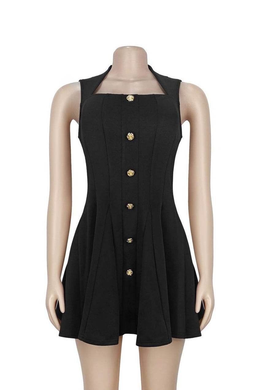 Square Neck Button Front Pleated Mini Dress