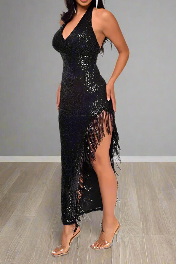 Halter Tassel Fringe Sequin Maxi Dress