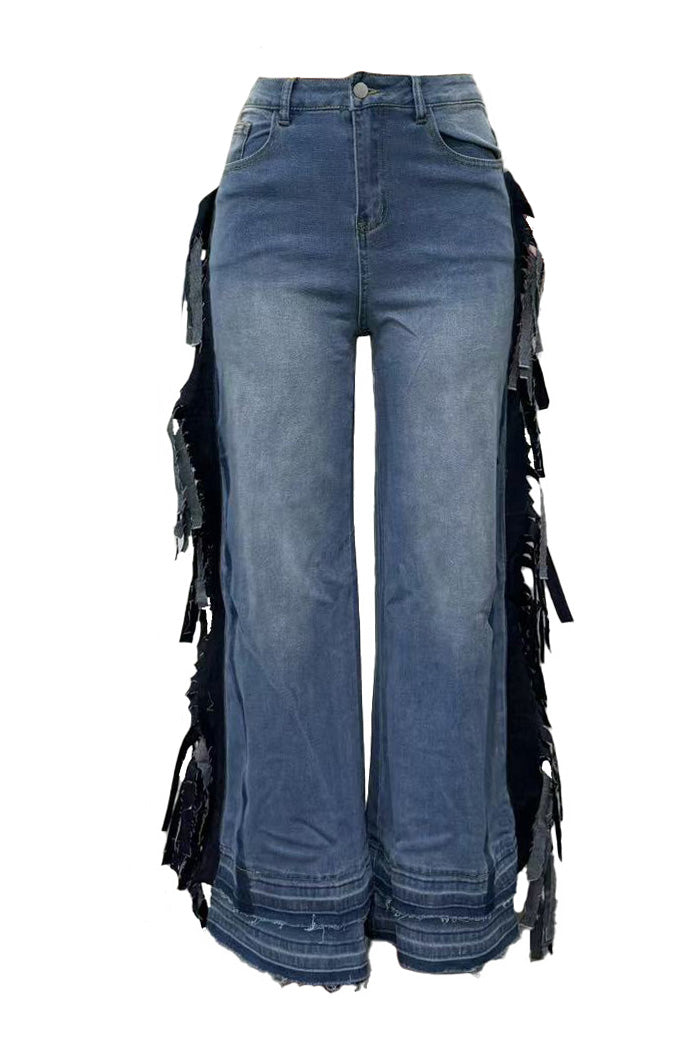 Side Fringe Wide Leg Raw Hem Jeans