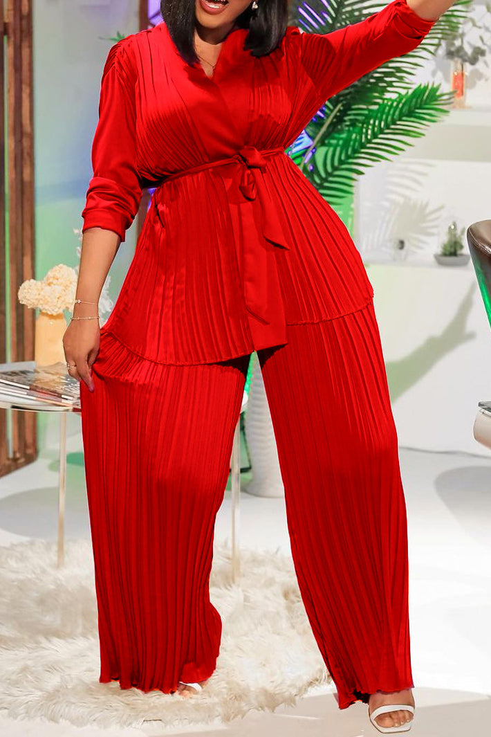 V Neck Long Sleeve Tops Wide Leg Pants Set