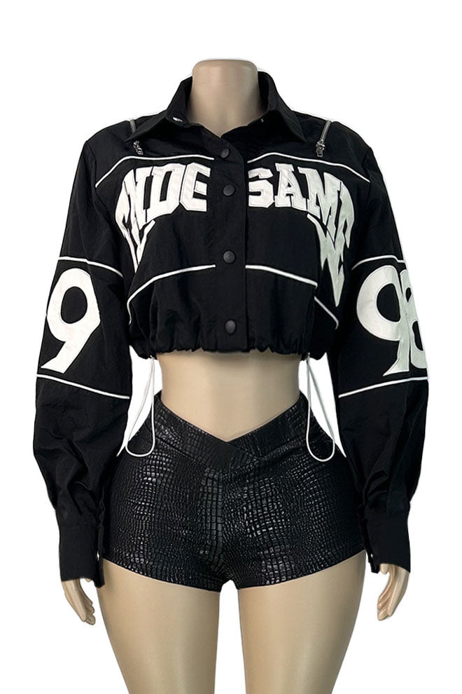 Letter-Embroidered Cropped Drawstring Jacket