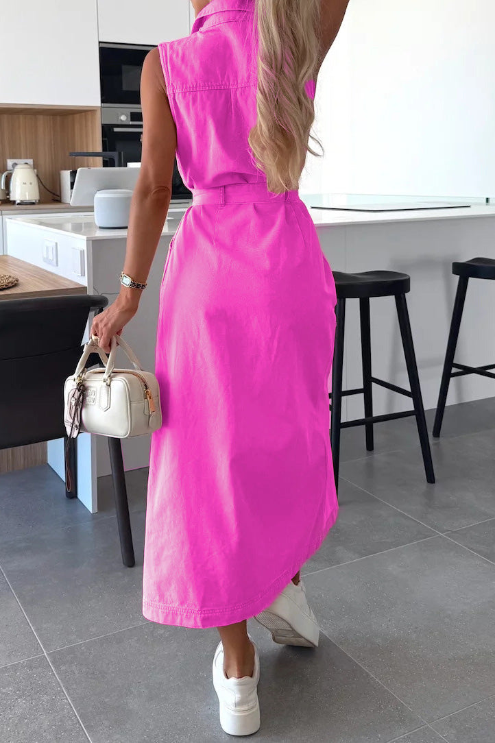 Sleeveless Belted Utility Maxi Shirt Dress