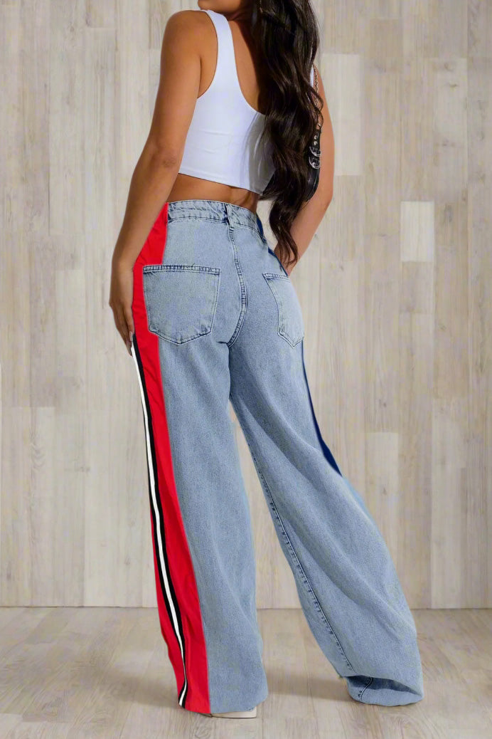 Wide Jeans with Wide Contrast Side Lines-Light Blue