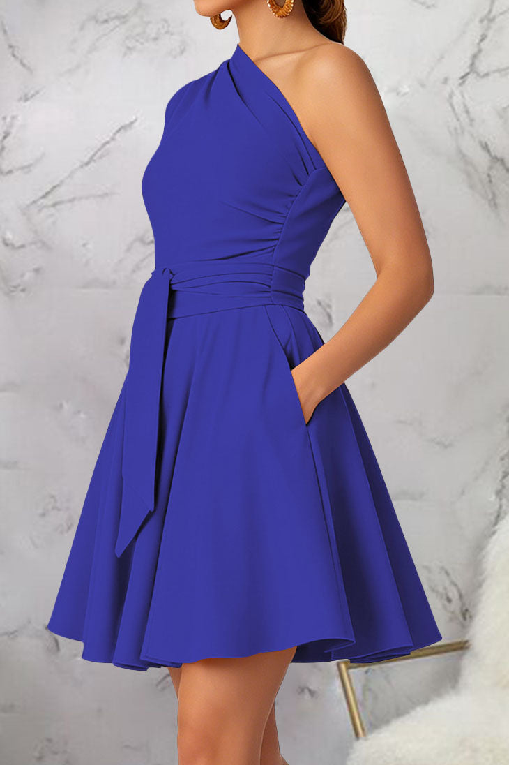 One-Shoulder Tie-Waist Pleated Mini Dress