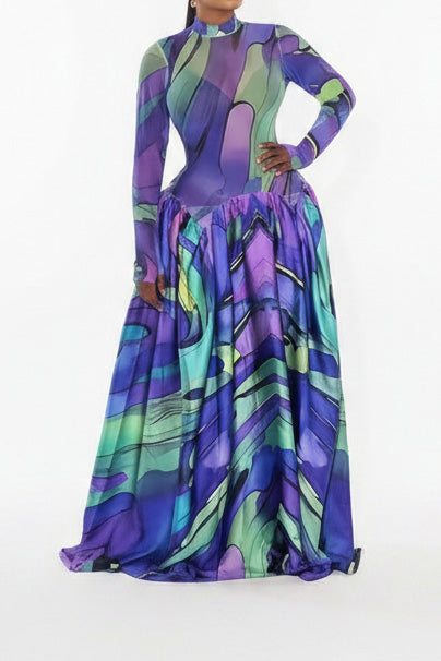Mock Neck Mesh Floral Maxi Dress