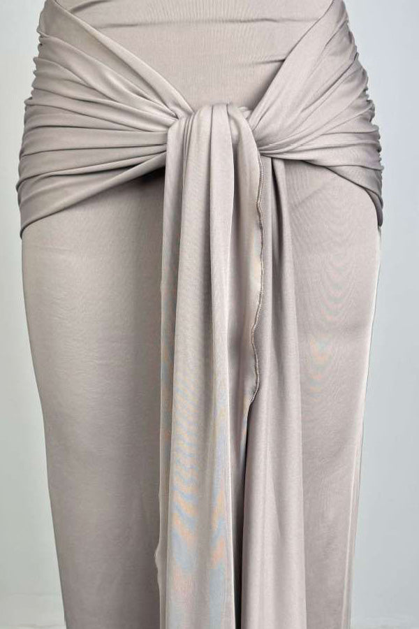 Draped Knot-Front Ruched Maxi Dress