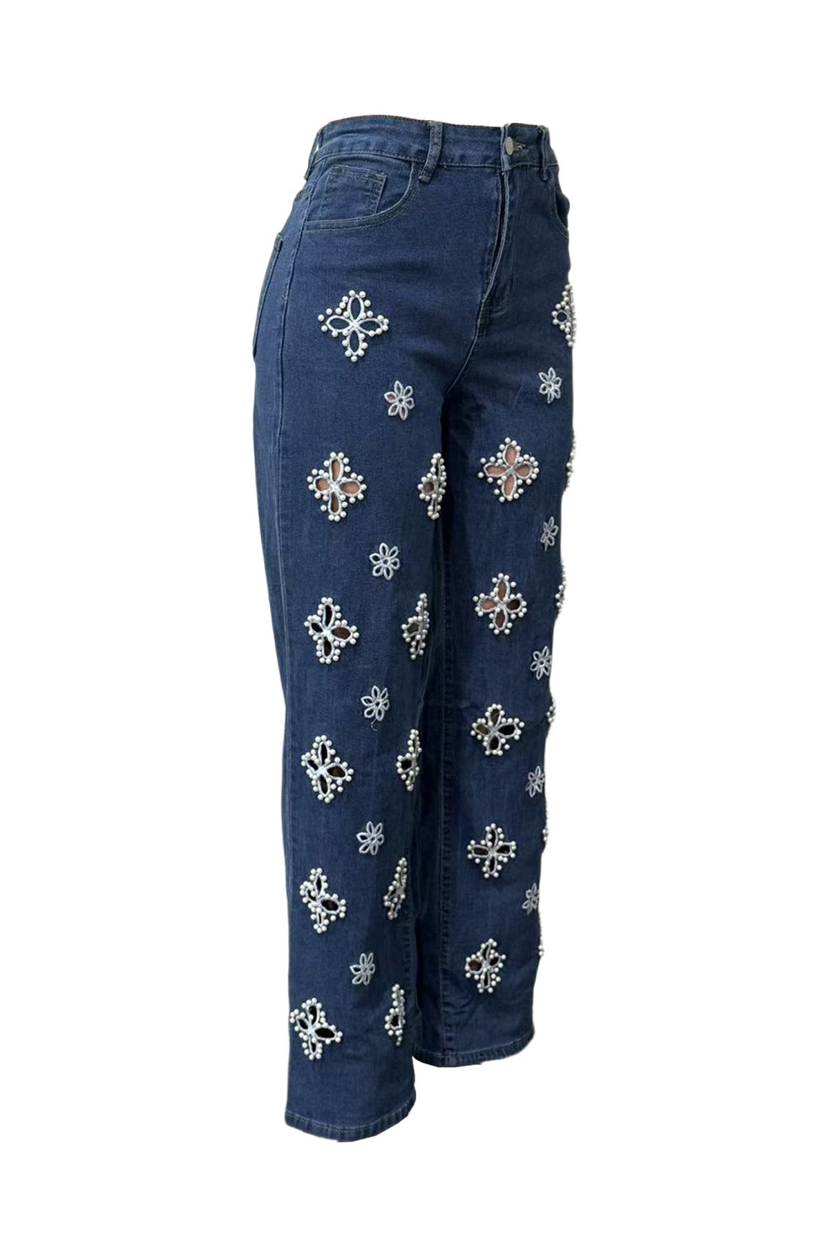 Pearl Embellished Floral Cutout Jeans