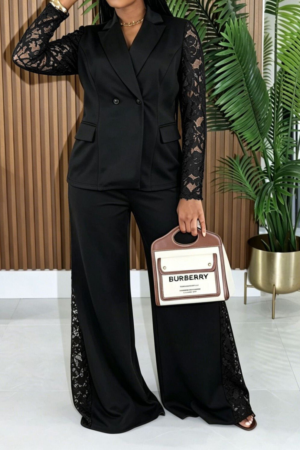 Lace Sleeve Blazer & Wide Leg Pant Set