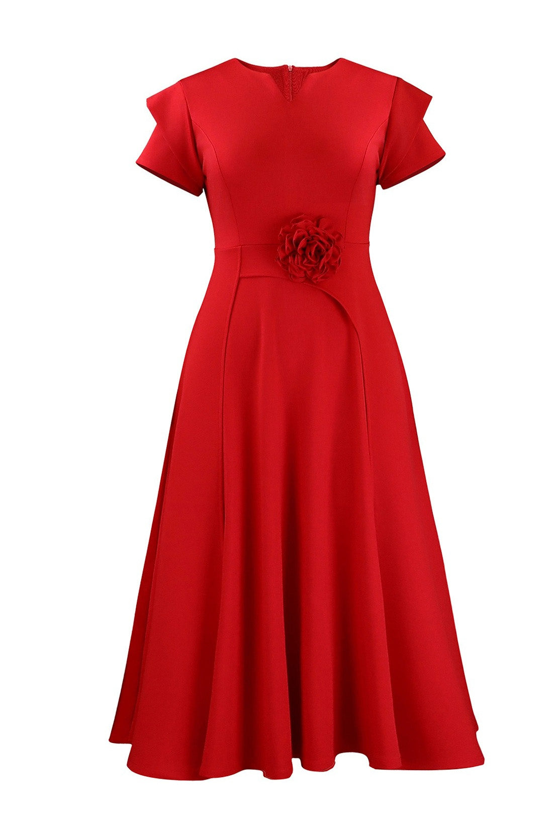 3D Floral Notched Neck A-Line Midi Dress