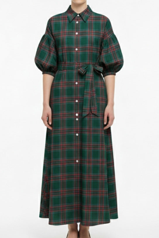 Ruffle Sleeve Plaid Button Maxi Shirt Dress