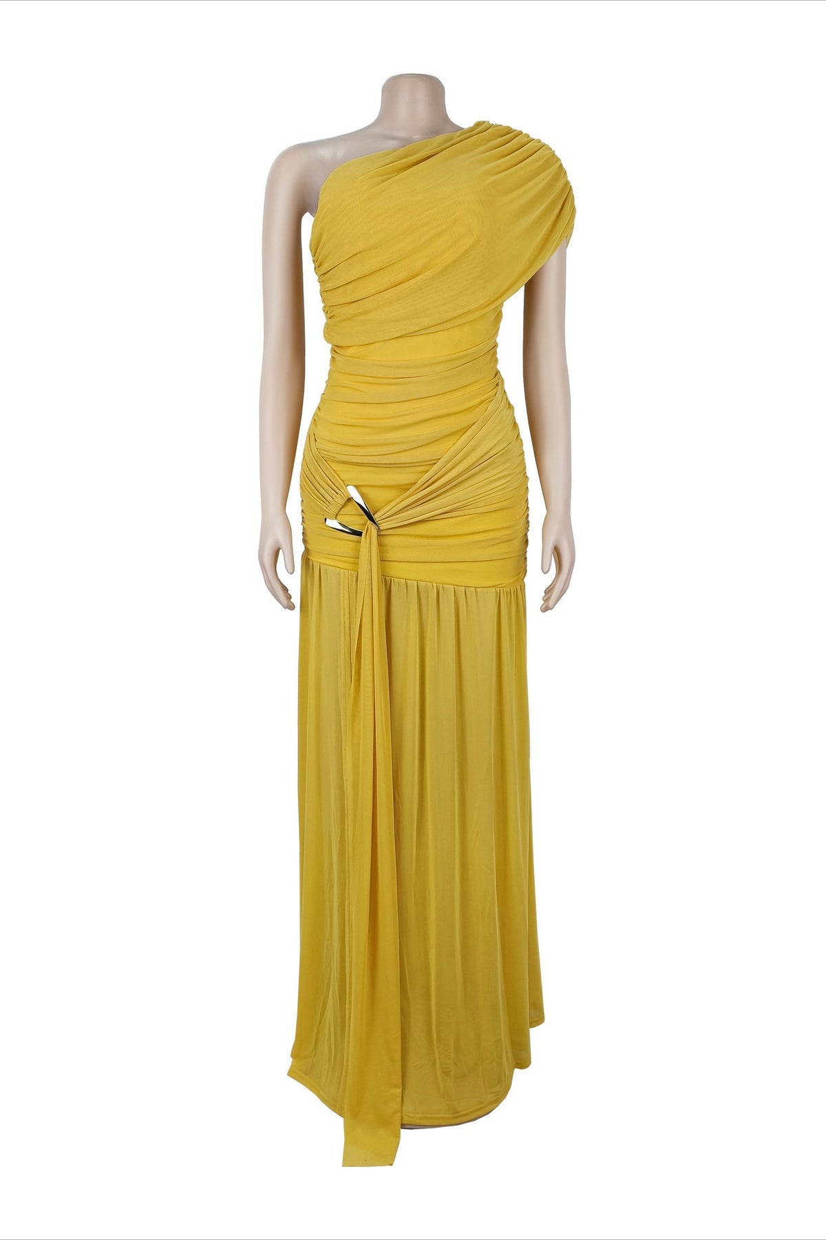 One Shoulder Ruched High Slit Maxi Dress
