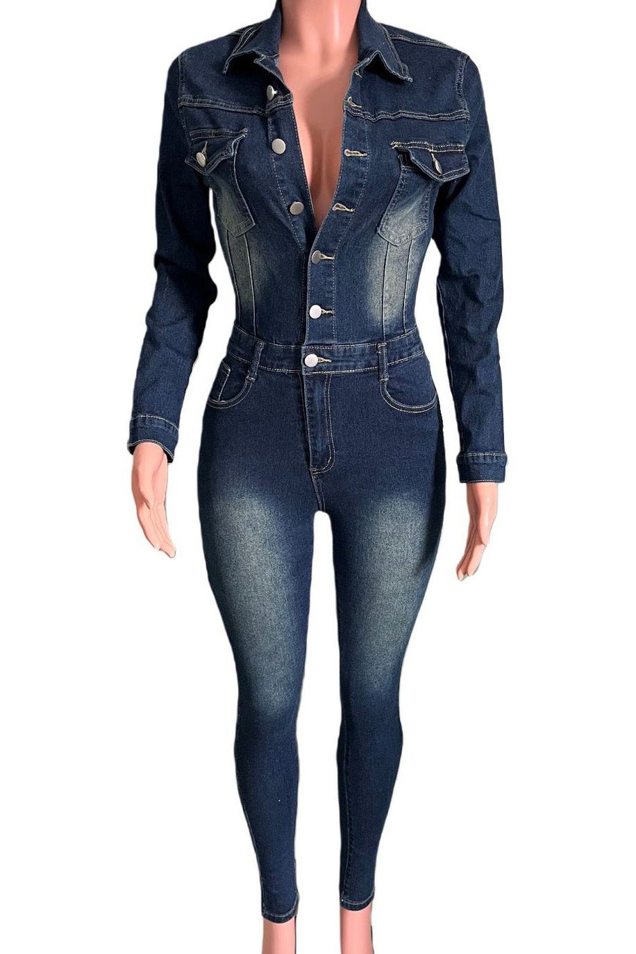 Stretch Denim Jumpsuit Long Sleeve Slim Fit