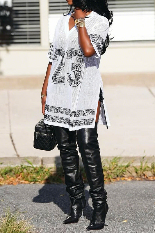 Sheer Mesh Split Rhinestone Top