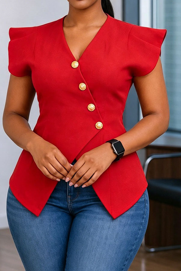 Asymmetrical Button-Front Flutter Sleeve Peplum Top