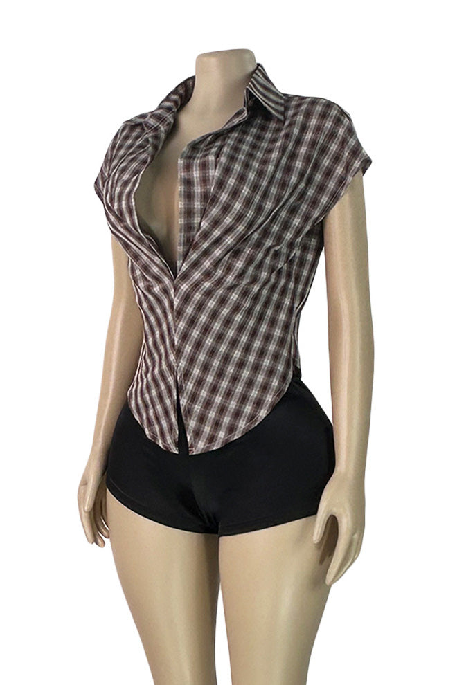 Plunge V-Neck Plaid Pointed Hem Top