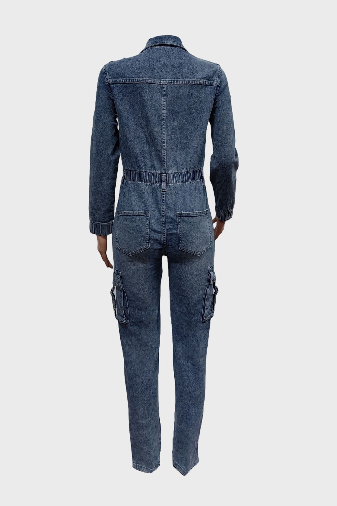 Denim Cargo V Neck Long Sleeve Tunic Jumpsuits
