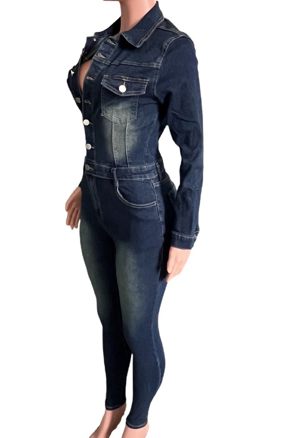 Stretch Denim Jumpsuit Long Sleeve Slim Fit