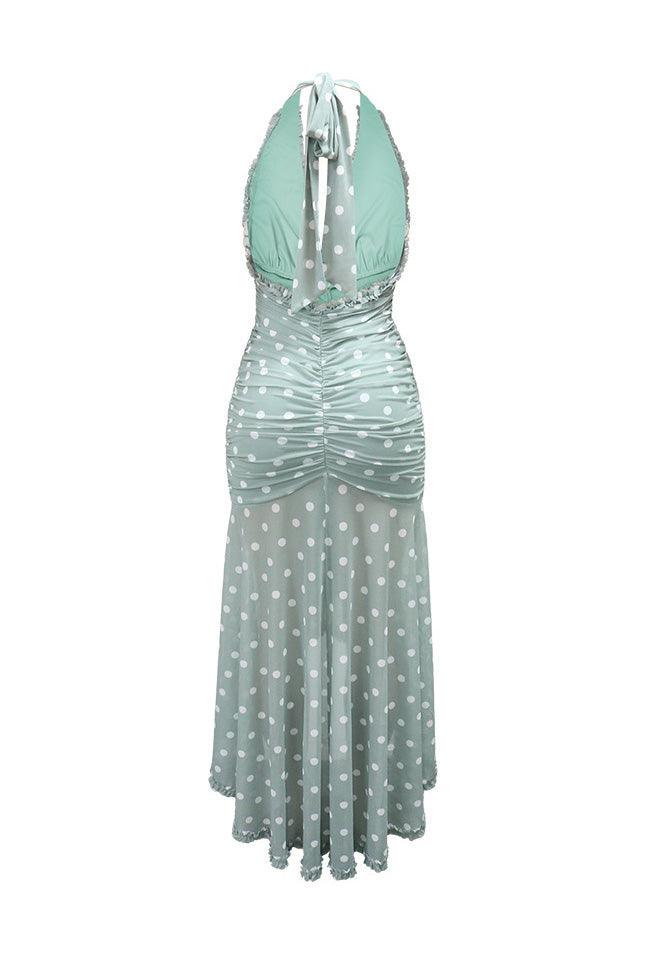 Plunging Halter Ruched Ruffle Maxi Dress