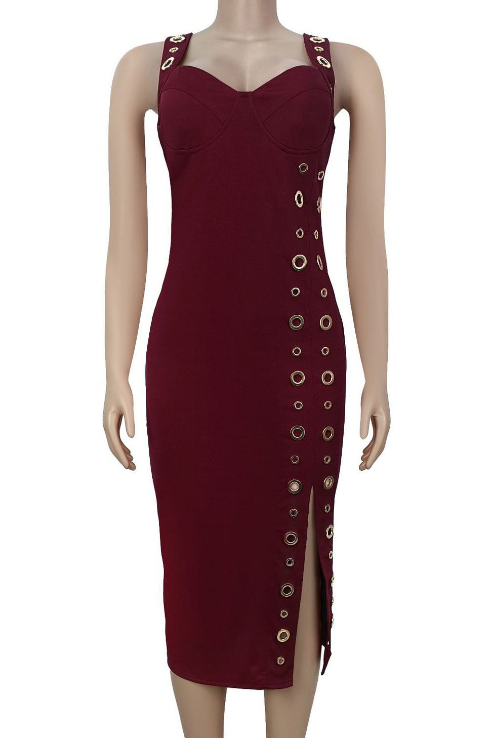 Grommet-Detail Corset Midi Dress with High Slit