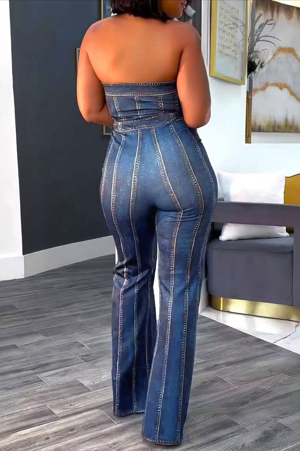 Denim Print Strapless Wide Leg Jumpsuit