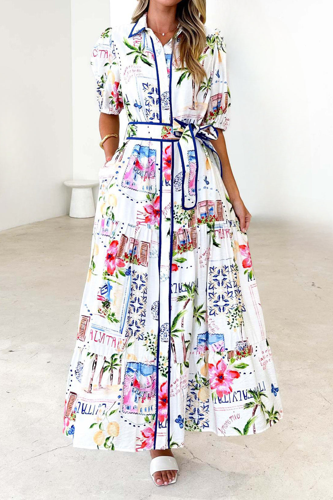 Short Sleeve Cotton Linen Flower Print Dress