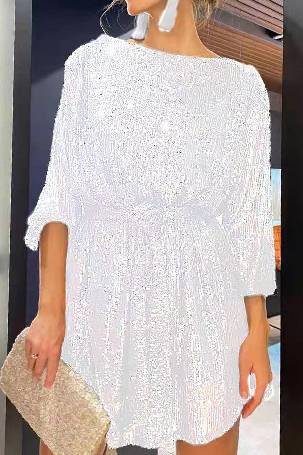 Sequin Tie Waist Long Sleeve Mini Dress