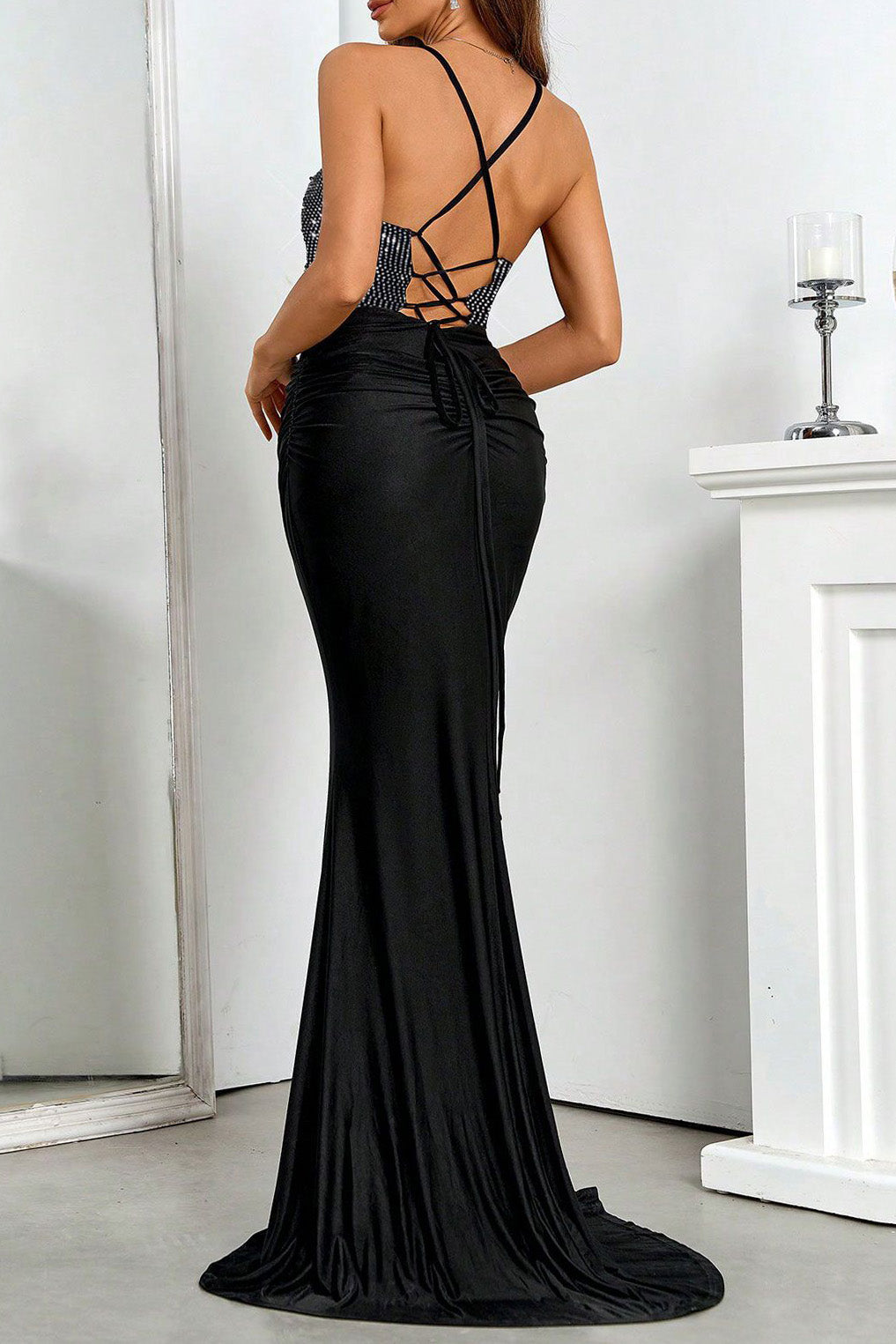 Rhinestone Lace-Up Cutout Mermaid Dress