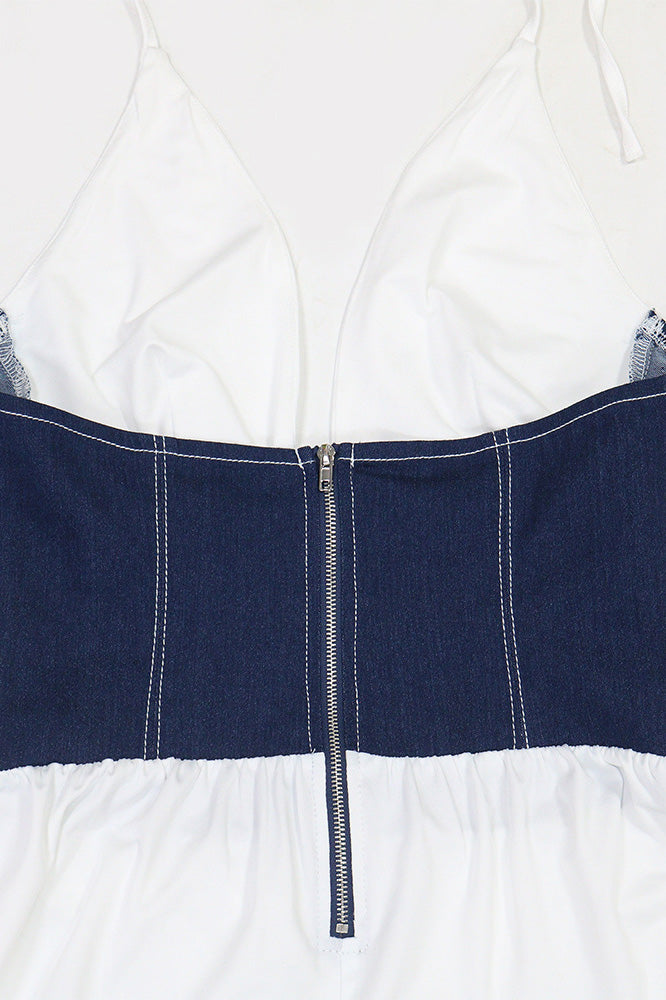 Slim Fit Denim Patchwork Deep V Slit Dress