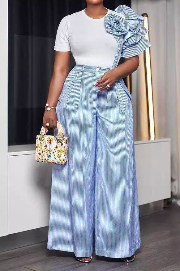Single Ruffle Sleeve T-Shirt Striped Pants Set