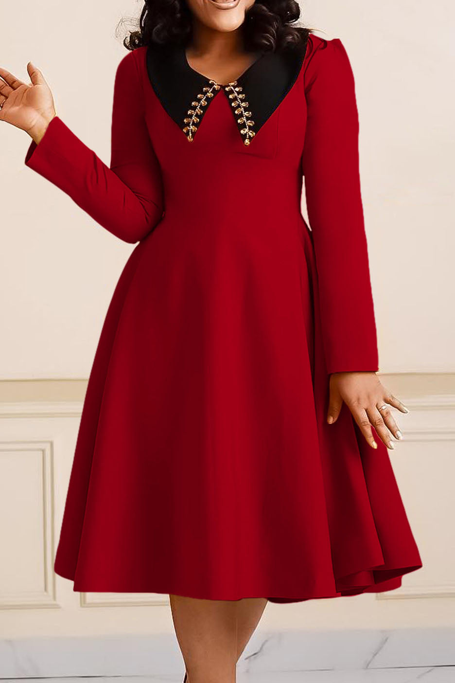 Solid Color Long Sleeve Lapel Elegant Dress