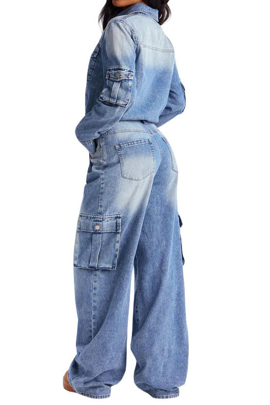 Washed Denim Utility Wide Leg Jumpsuit