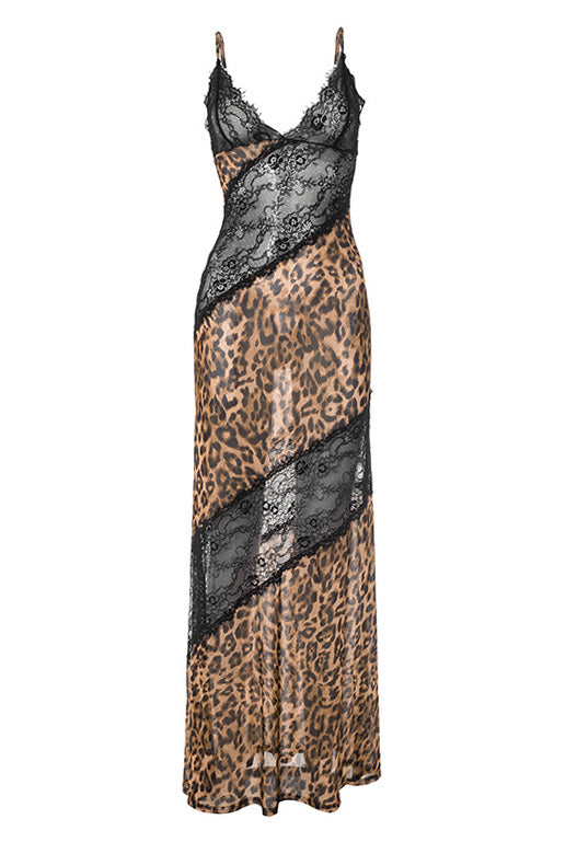 Leopard Print Lace Splice Maxi Dress