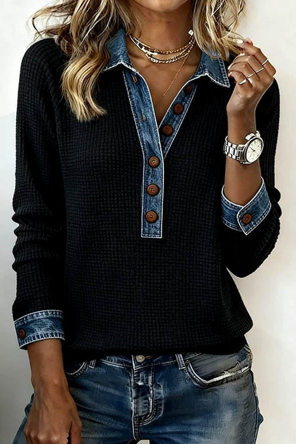 Denim Collar Long Sleeve Knit Pullover Top