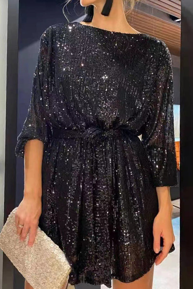 Sequin Tie Waist Long Sleeve Mini Dress