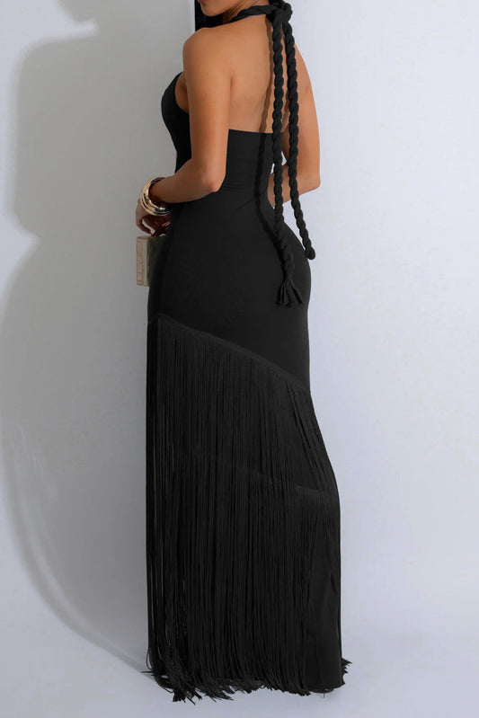 Halter Cutout Fringe Maxi Dress