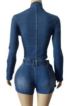 Washed Denim Zip Up Top & Shorts Set