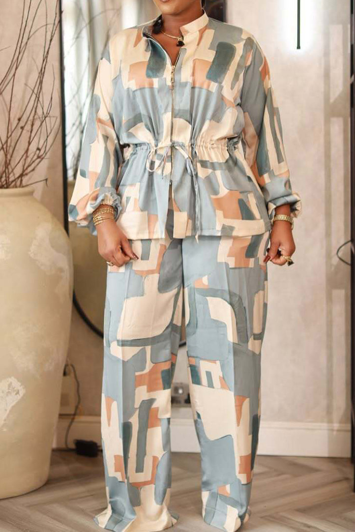 Printed Stand Collar Drawstring Waist 2-Piece Set