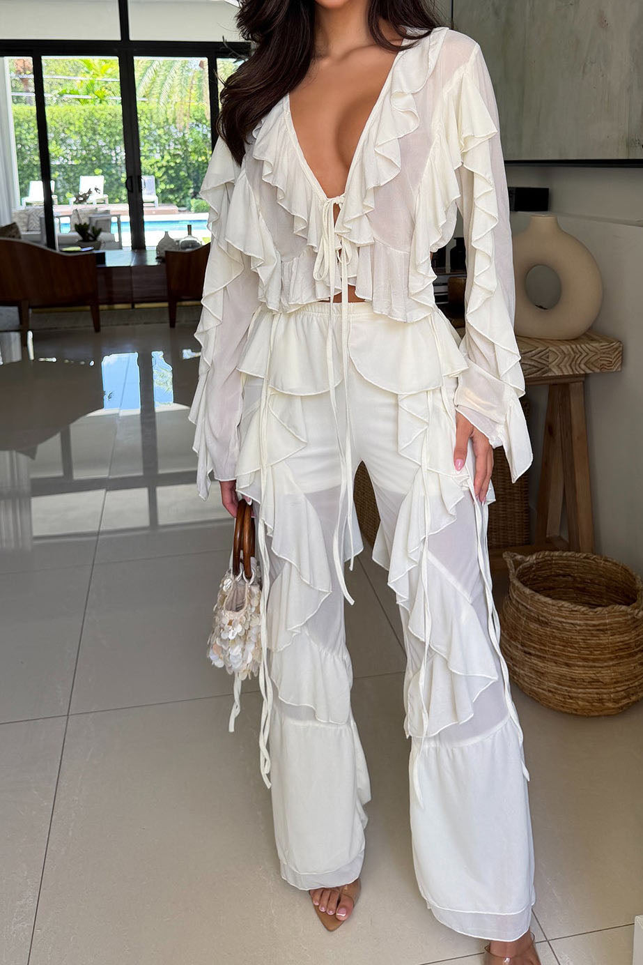 Ruffle Tie-Front Top & Pants Set