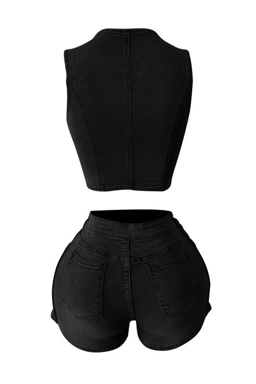 Stretch Denim Apron Shorts Set - Vest & Shorts