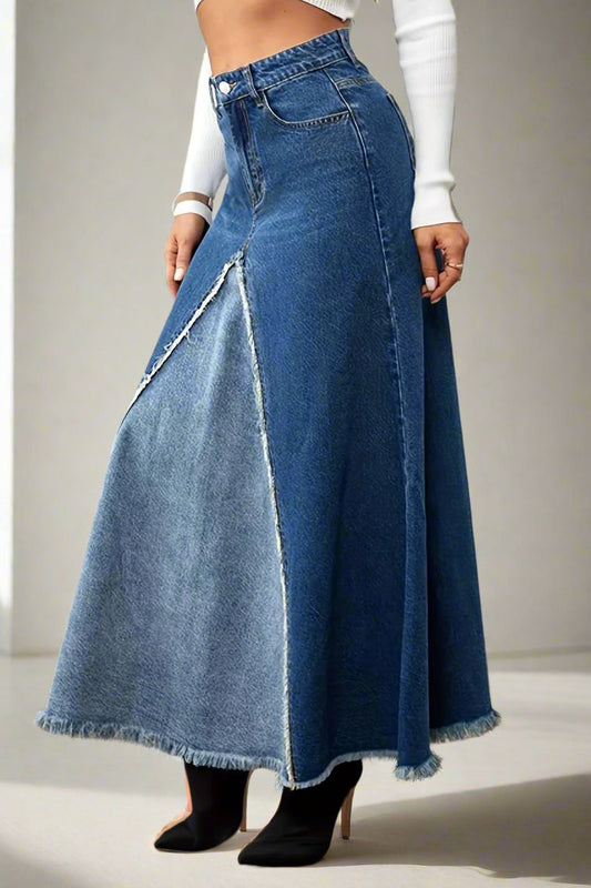 High Waist Denim Midi A-Line Skirt