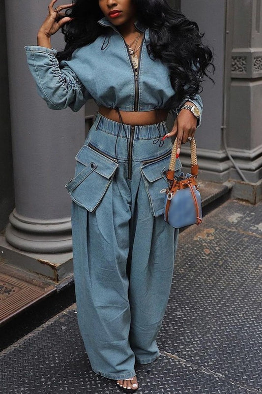 Vintage Washed Denim Two Piece Set