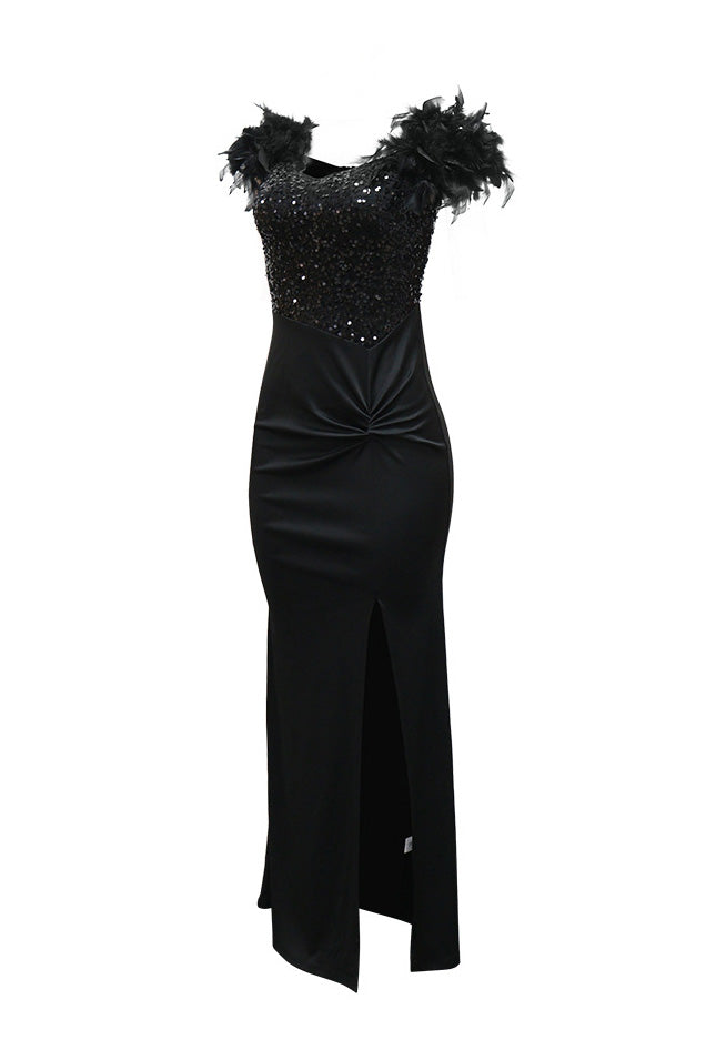 Sequin Feather Trim Slit Maxi Dress