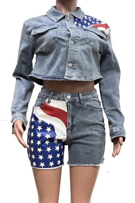 Casual Denim Set with Flag Print for Women