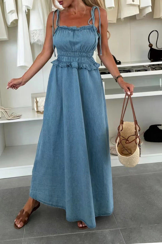 Tie-Strap Smocked Waist Denim Maxi Dress