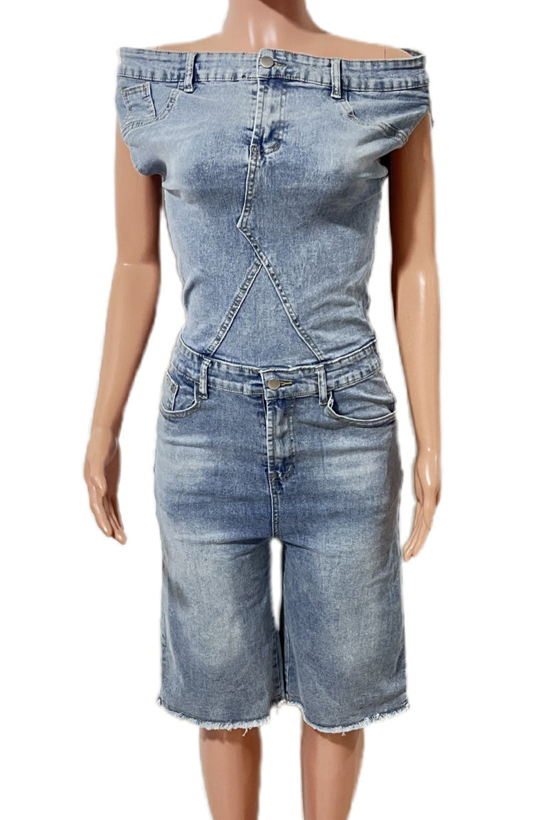 Strapless Off-Shoulder Slim Denim Jumpsuit