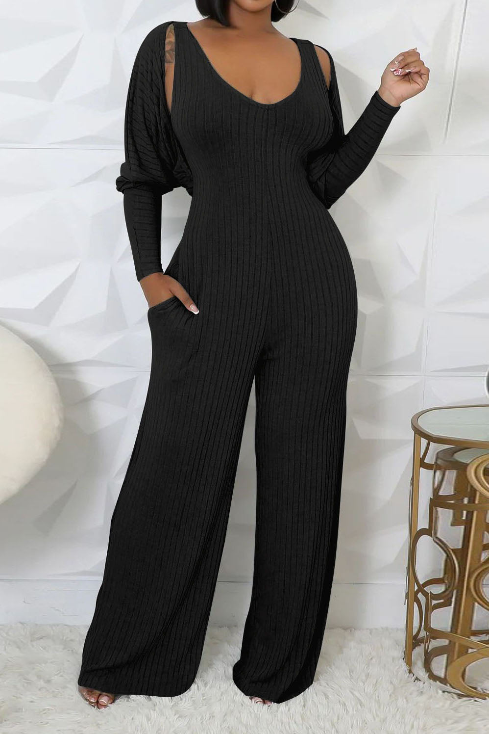 2-Piece Ribbed Knit Tank Jumpsuit & Cropped Top Set